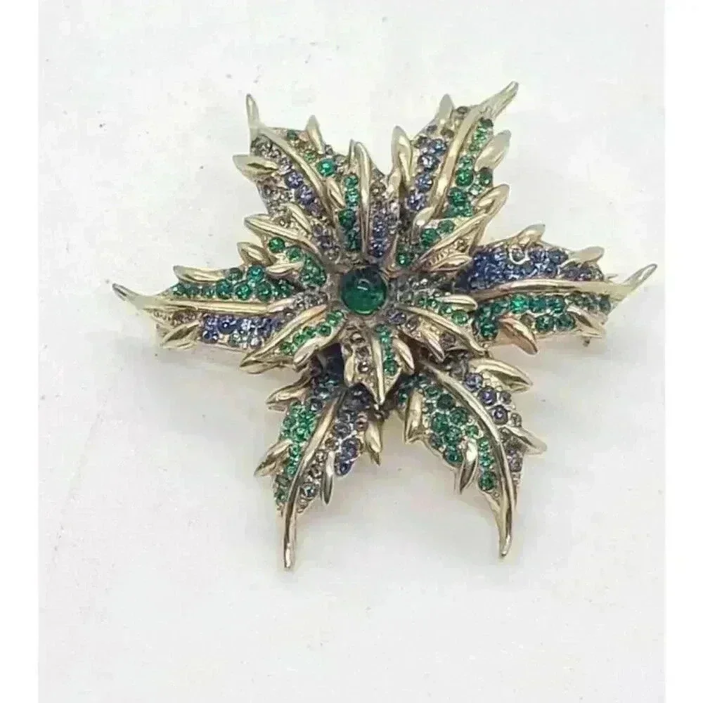 Vintage Flower Brooch Gold With Green & Blue Rhinestones & Cabochon Figural